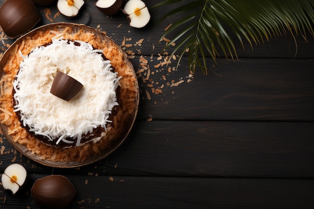 Desserttaart met kokosnoot en chocolade bakken top view gratis kopieerruimte
