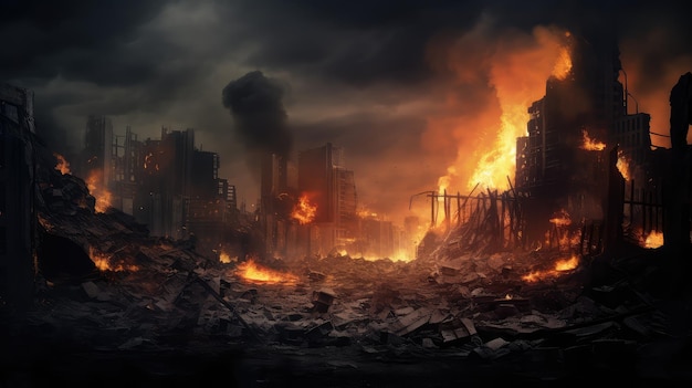 destroy destroyed city fire illustration background red explosion danger apocalypse town destroy destroyed city fire ai generated