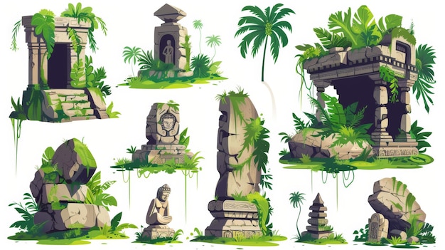 Destroyed abandoned architecture and monuments from an ancient lost civilization Cartoon modern illustration set of stone temple with green liana vines and grass in the jungle