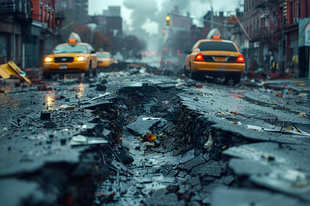 Photo destroyed american city street with taxi after earthquake