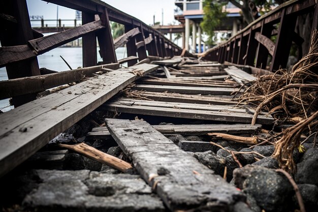 Destroyed boardwalks and coastal infrastructure in the aftermath of a hurricane