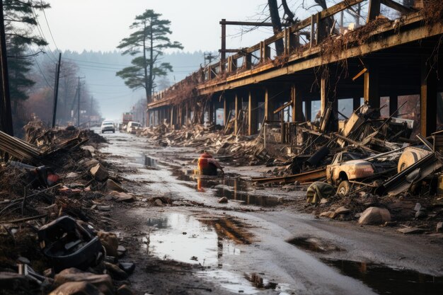 Destroyed bridge and damaged road after intense winds generative IA