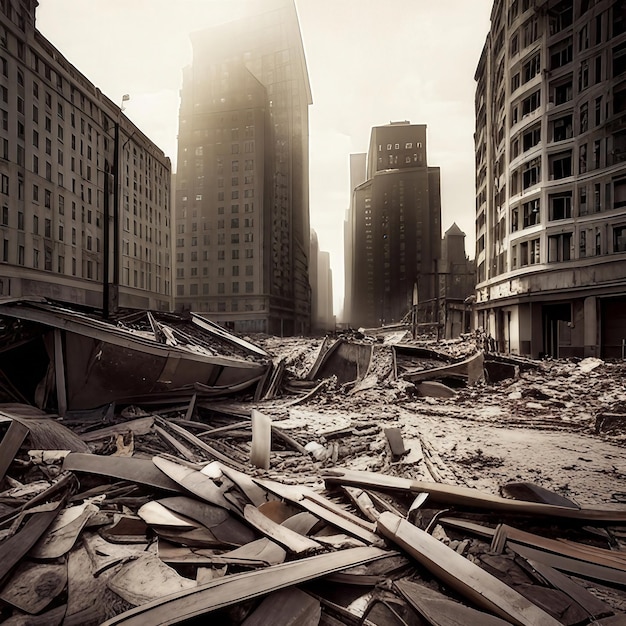 Destroyed building apocalyptic city landscape created with generative AI technology