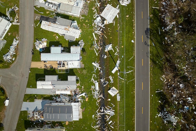 Destroyed by hurricane Ian suburban houses in Florida mobile home residential area Consequences of natural disaster