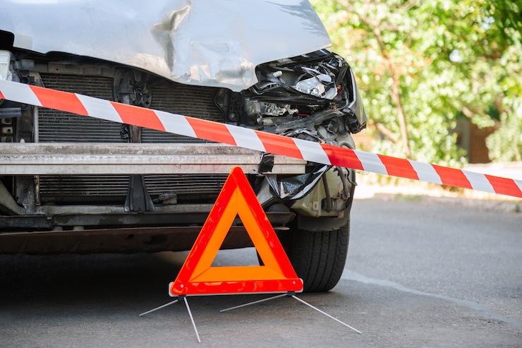 Photo destroyed car in car crash traffic accident on city road. smashed broken car in accident. red emergency stop triangle sign and red warning police tape afore.