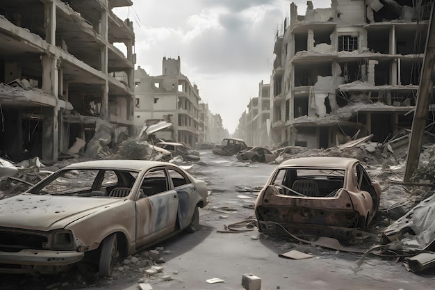 A destroyed cars stands among the ruins of houses in a wartorn city Generative AI