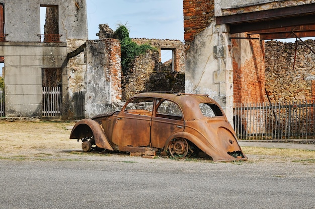 Destroyed cars during World War 2 in the city Oradour sur Glane France