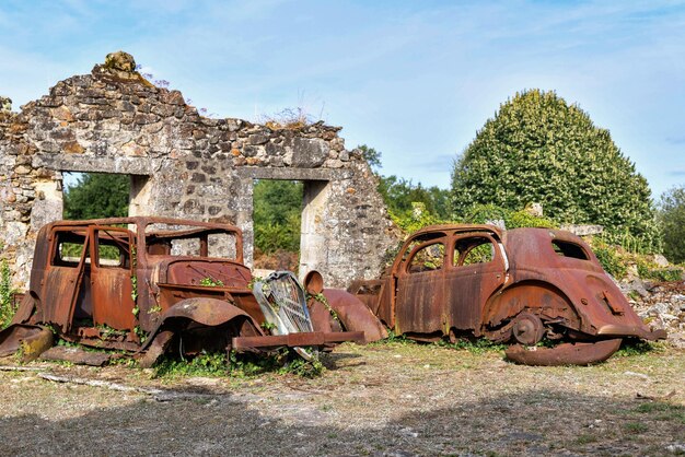 Destroyed cars during World War 2 in the city Oradour sur Glane France