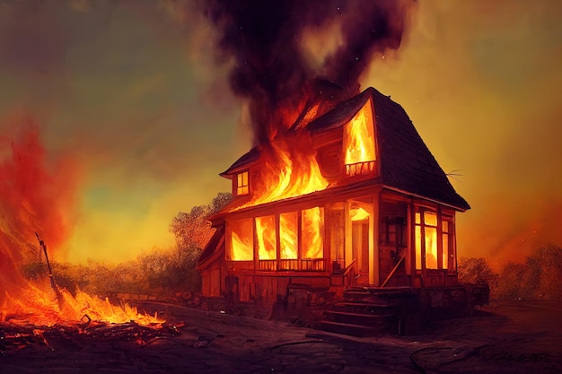 Photo destroyed city on fire burning wooden house nuclear radioactive armageddon