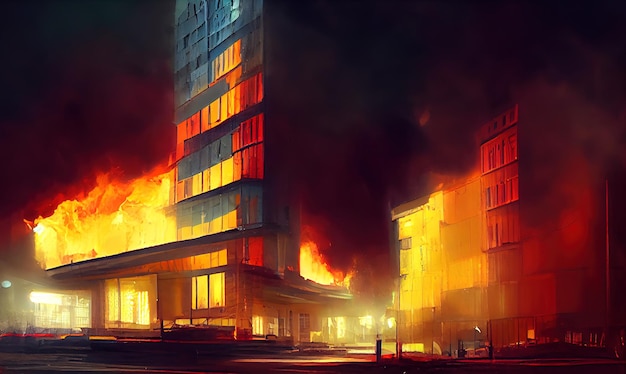 Destroyed city on fire fire in burning buildings nuclear\
radioactive armageddon