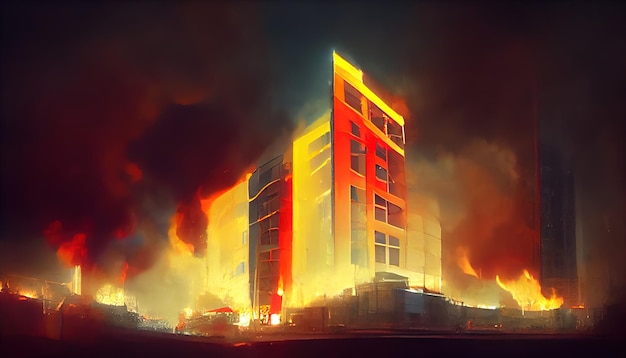 Destroyed city on fire fire in burning buildings nuclear\
radioactive armageddon