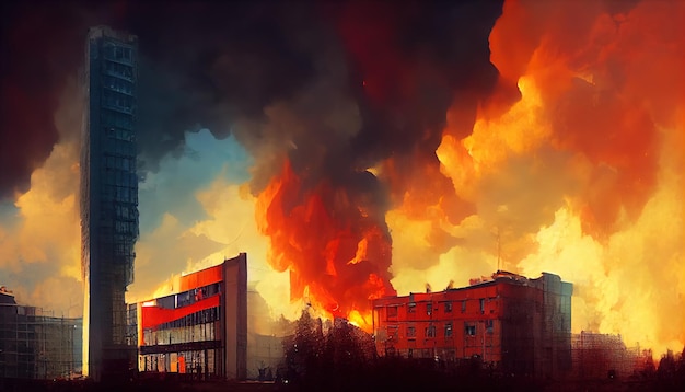 Destroyed city on fire fire in burning buildings nuclear
radioactive armageddon