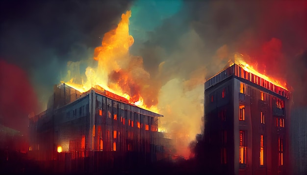 Destroyed city on fire fire in burning buildings nuclear\
radioactive armageddon