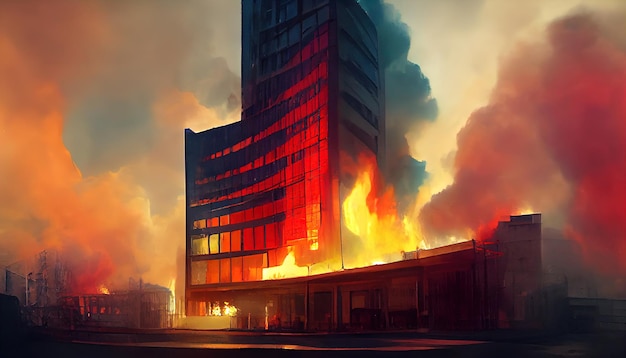 Destroyed city on fire fire in burning buildings nuclear\
radioactive armageddon