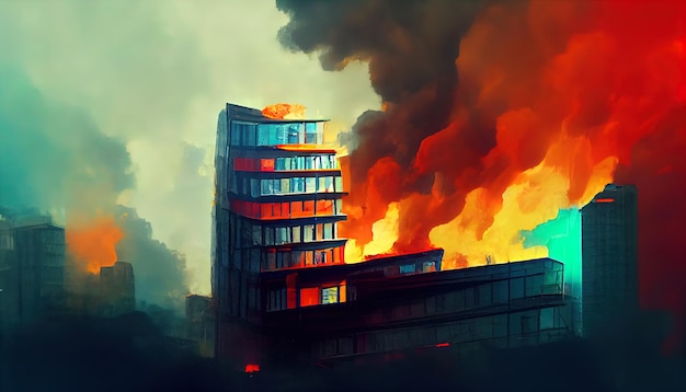 Destroyed city on fire fire in burning buildings nuclear\
radioactive armageddon