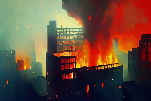 Destroyed City on Fire Fire in burning buildings Nuclear radioactive armageddon