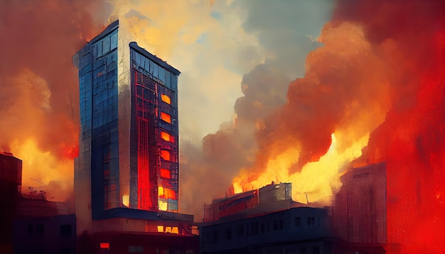 Разрушенный город в огне Пожар в горящих зданиях Ядерный радиоактивный армагеддон