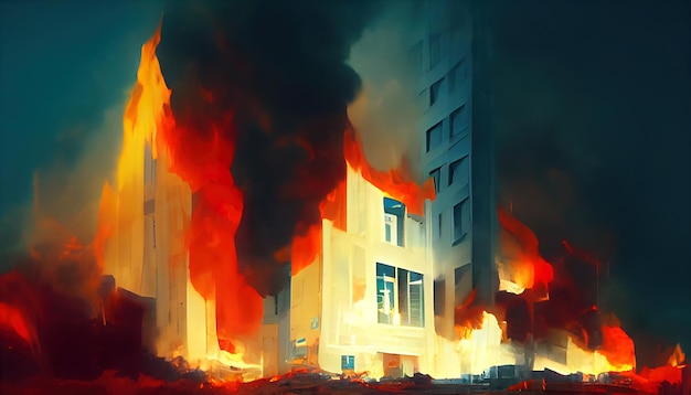 Destroyed city on fire fire in burning buildings nuclear
radioactive armageddon