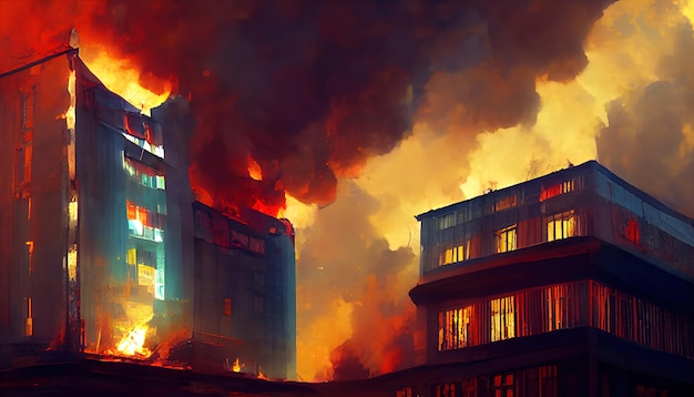 Destroyed city on fire fire in burning buildings nuclear\
radioactive armageddon