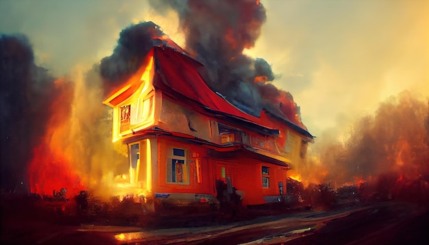 Разрушенный город в огне Пожар в горящих зданиях Ядерный радиоактивный армагеддон