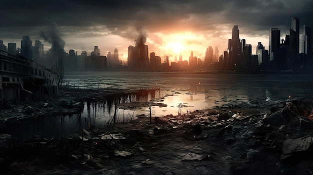 Destroyed city from war Fantastic background