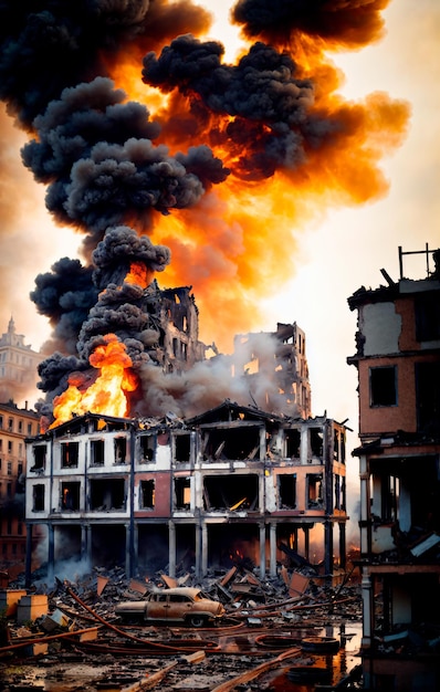 The destroyed city houses on fire during the war Generative AI