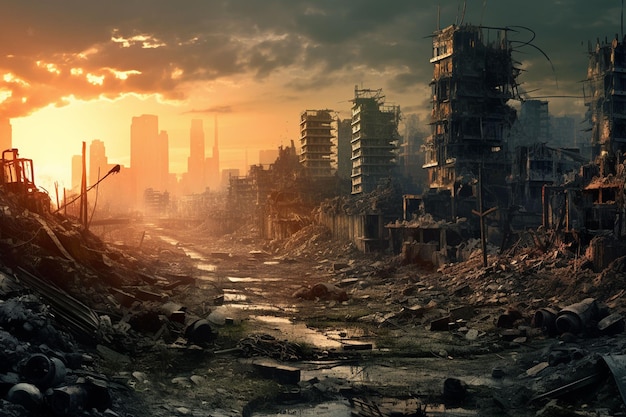 the destroyed city is burning Doomsday End of the world Burning fire explosions