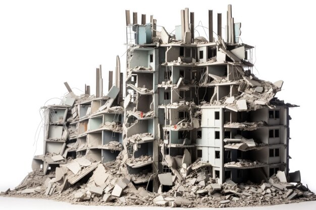 Модель разрушенного городского небоскреба после катастрофы, изолированная на белом фоне