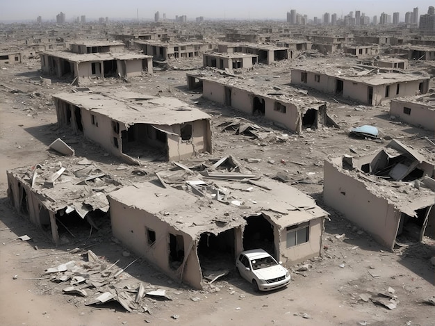 A destroyed city with a broken car and ruined buildings