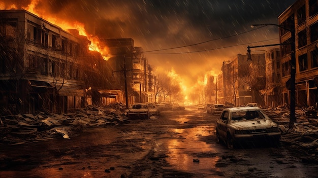 a destroyed city with a fire storm in war