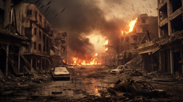 a destroyed city with a fire storm in war