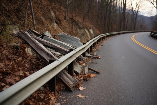 Foto guardrail distrutto sul lato di una strada di montagna