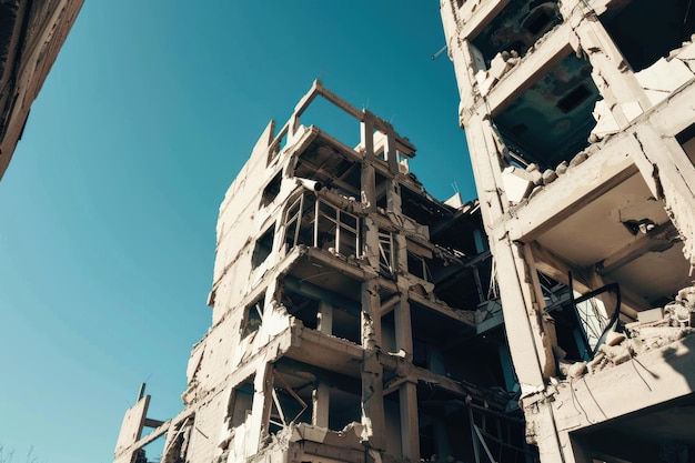 사진 폭발로 인해 도시에서 파괴 된 고층 건물 파괴 전쟁