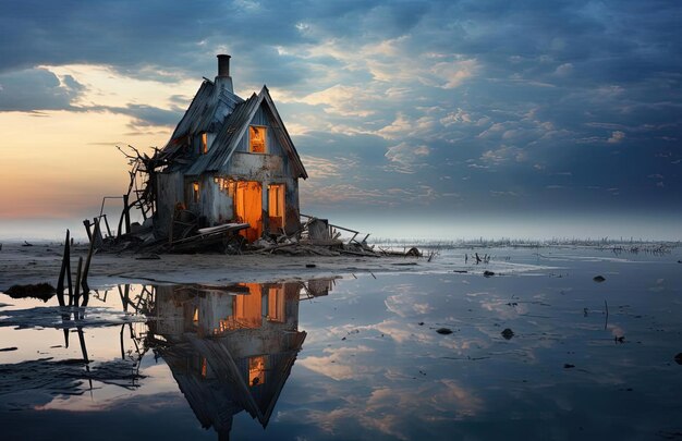 A destroyed house that is lying on a sandbar in the style of poster