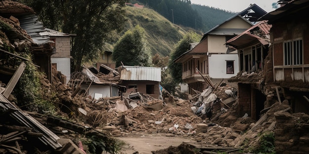 사진 지진 으로 인해 파괴 된 집 들