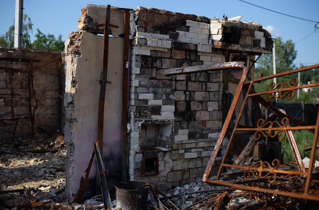 Destroyed houses after fires and artillery and bombs during russias invasion of ukraine