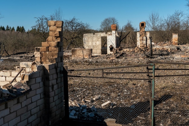 Destroyed houses in Ukraine after a shell hit The war in Ukraine with Russia The concept of the consequences of a missile bomb attack on a peaceful residential building