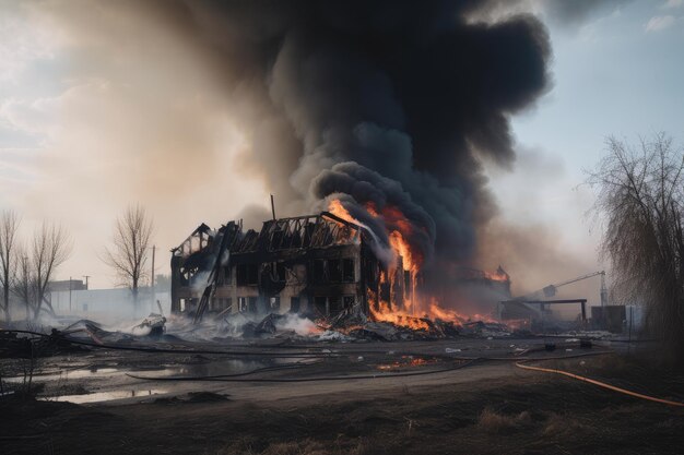 Destroyed industrial building surrounded by flames and smoke with fire alarm audible in the distance