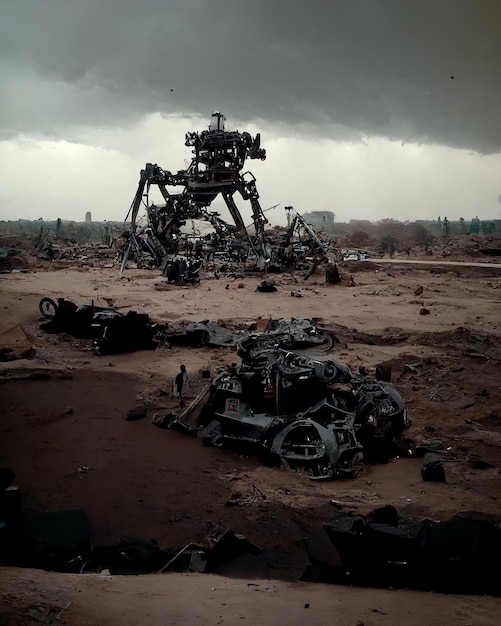 Destroyed Mechanical Robot Post Apocalyptic Wasteland Landscape Art Illustration