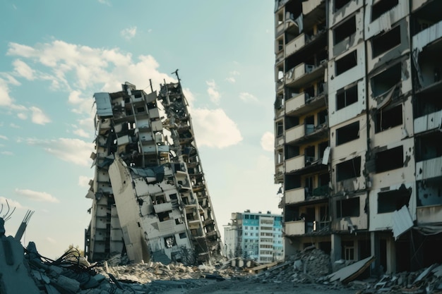 Разрушенные многоэтажные здания в городе из-за взрывов разрушения войны