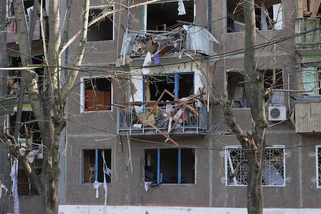 A destroyed residential building after a rocket attack