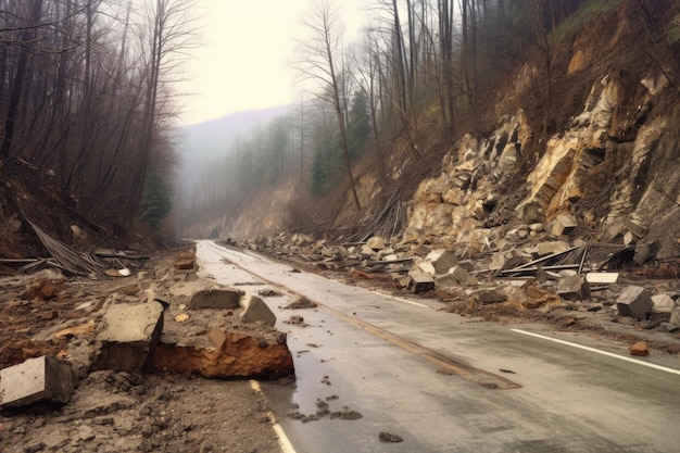 Photo destroyed road with debris and mud from landslide