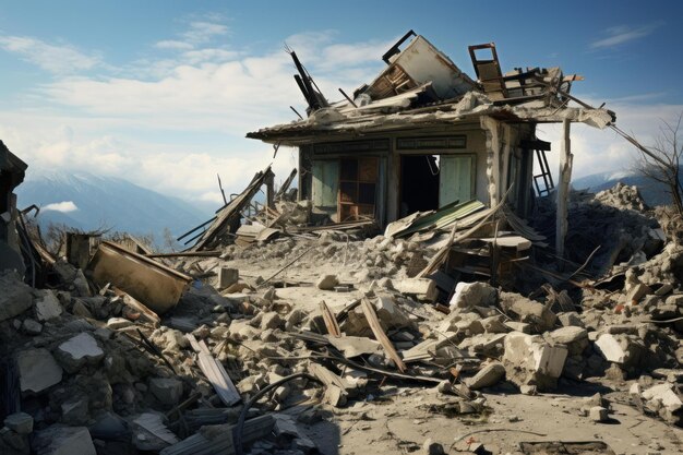 Photo destroyed ruined house after earthquake generate ai