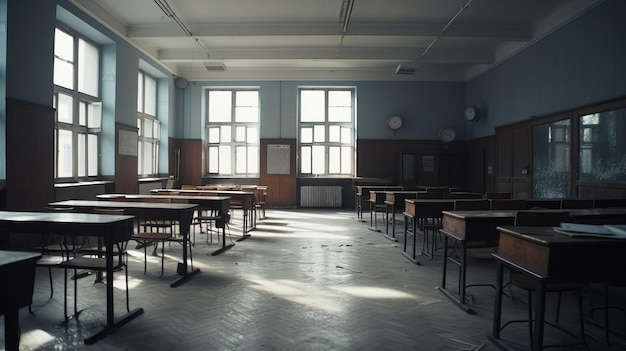 A destroyed school classroom with broken windows AI generated