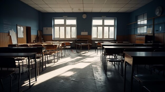 A destroyed school classroom with broken windows AI generated