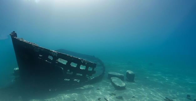 Destroyed ship under the deep sea