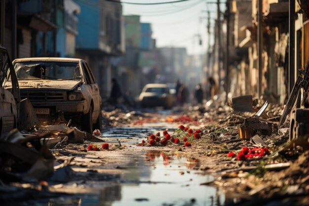 Photo destroyed streets houses roads after a natural disaster consequences of a flood