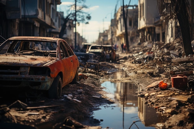 Destroyed streets houses roads after a natural disaster consequences of a flood