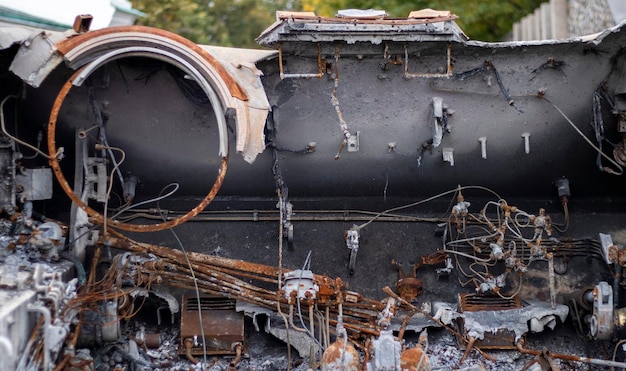 Destroyed wrecked and burned T72 tank with a designation V on it RussianUkrainian conflict in 2022