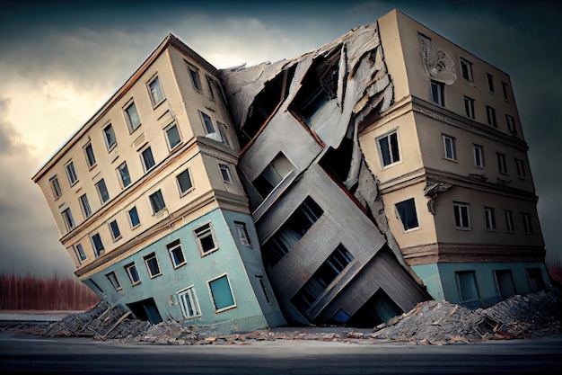 Destructed building with open cracks and destruction after aftermath earthquake